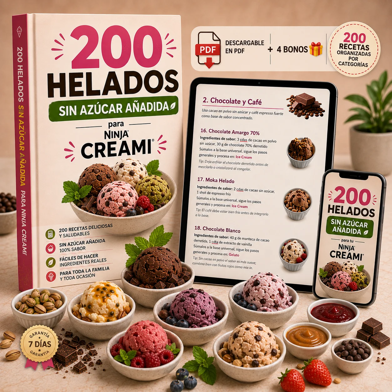 Portada del recetario 200 Recetas de Helados sin azúcar y sin culpa para tu Ninja Creami